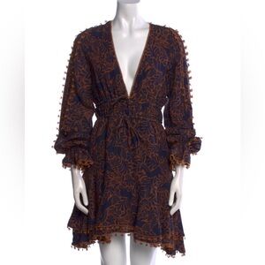 Cami NYC Navy and Brown Long Sleeve mini boho Dress S